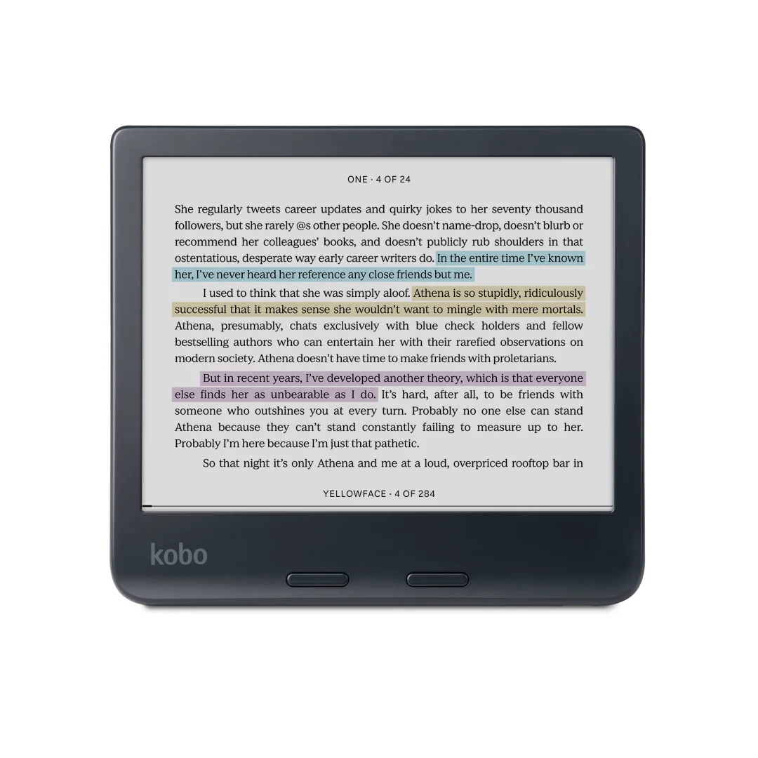 Kobo Libra Colour in landscape orientation showing multi-colored highlights on a book page