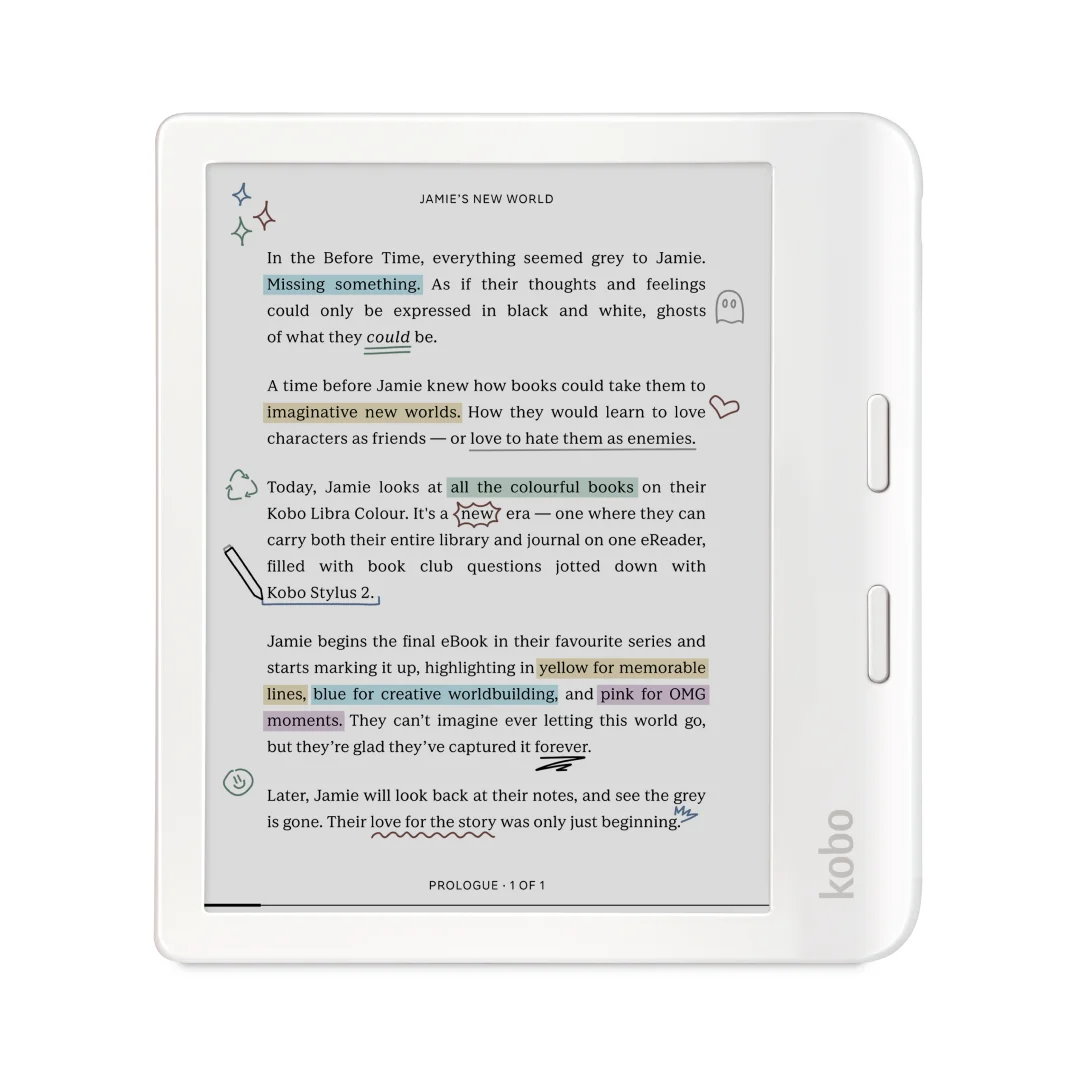 Kobo Libra Colour front view showing color e-ink display with highlights and annotations