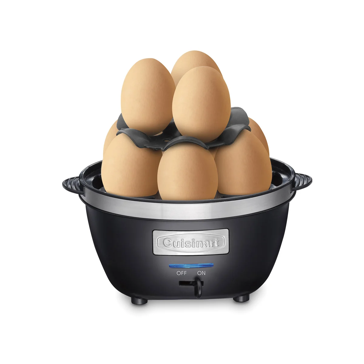 Cuisinart Egg Central CEC-10 with the lid off, holding 10 brown eggs on its lower rack and stacked upper rack
