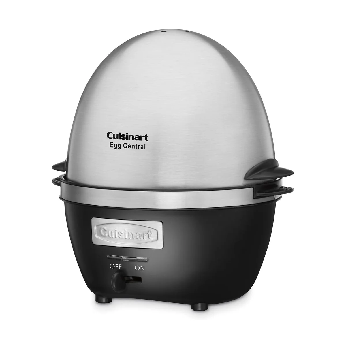Cuisinart Egg Central CEC-10 three-quarter side view showing the side handles and OFF/ON switch