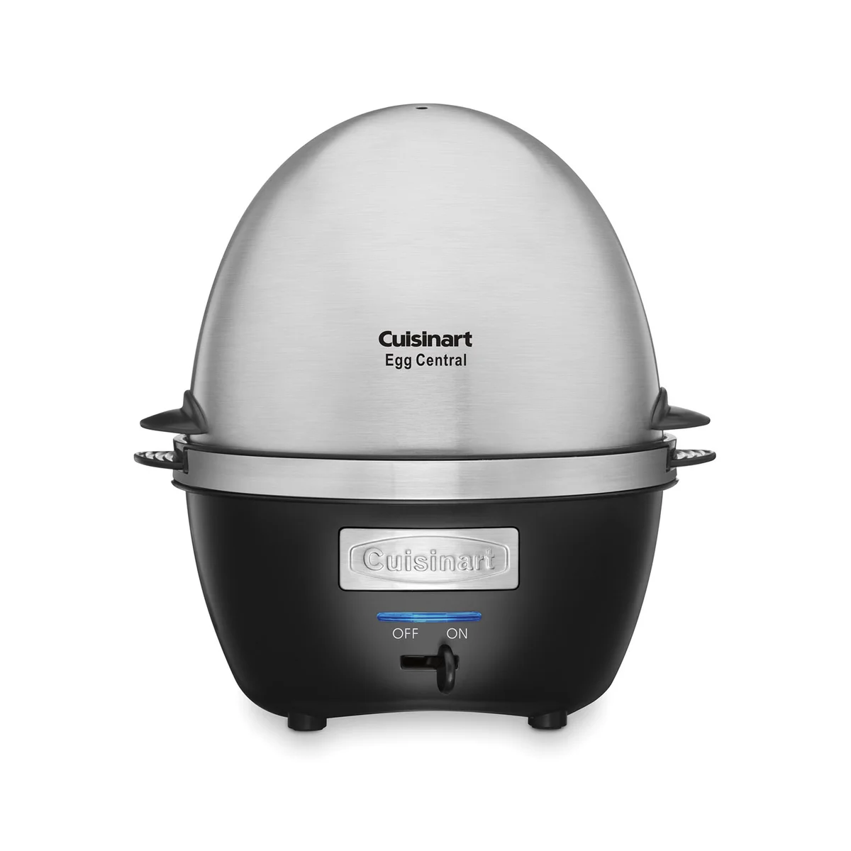 Cuisinart Egg Central CEC-10 egg cooker front view with brushed stainless steel dome lid, black base and lit blue power indicator
