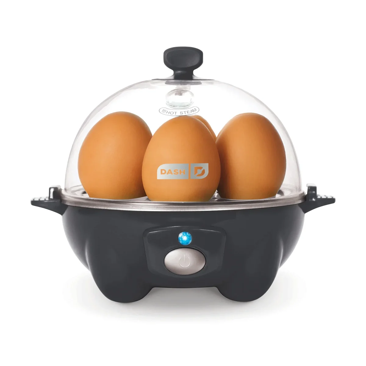 Dash Rapid Egg Cooker in black, front view with brown eggs under the clear dome lid and the blue indicator light on