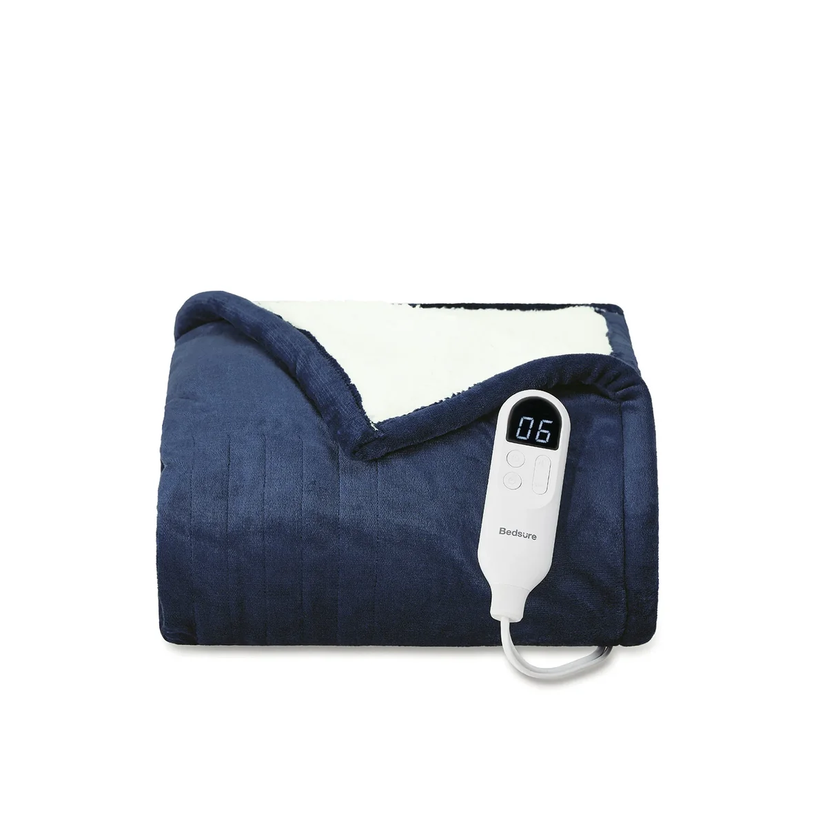 Bedsure GentleSoft Solid Flannel heated blanket folded to show navy flannel top and white sherpa reverse with LCD controller