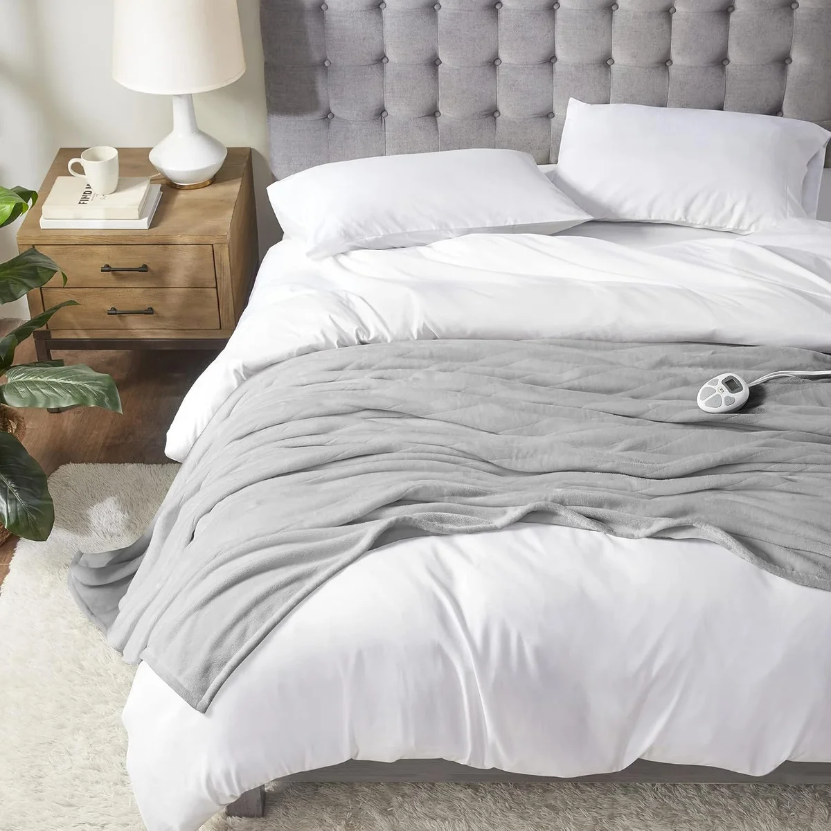 Serta Luxuriously Soft Plush heated blanket in light gray showing plush textured fabric