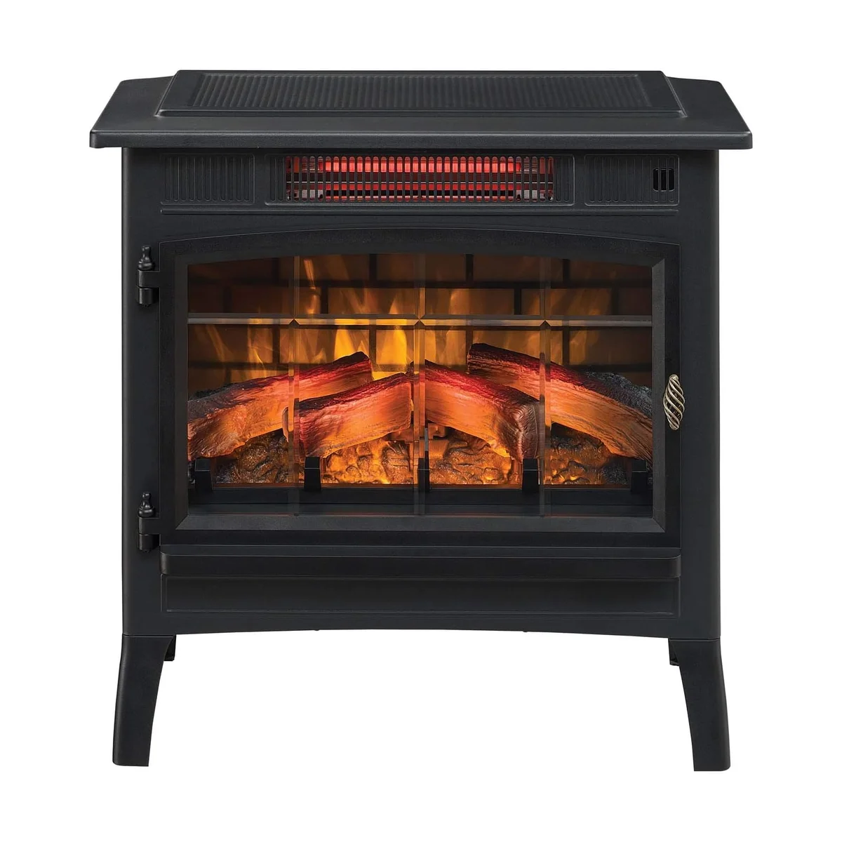 Duraflame 3D Infrared electric fireplace stove in black, front view with flames and glowing infrared heater