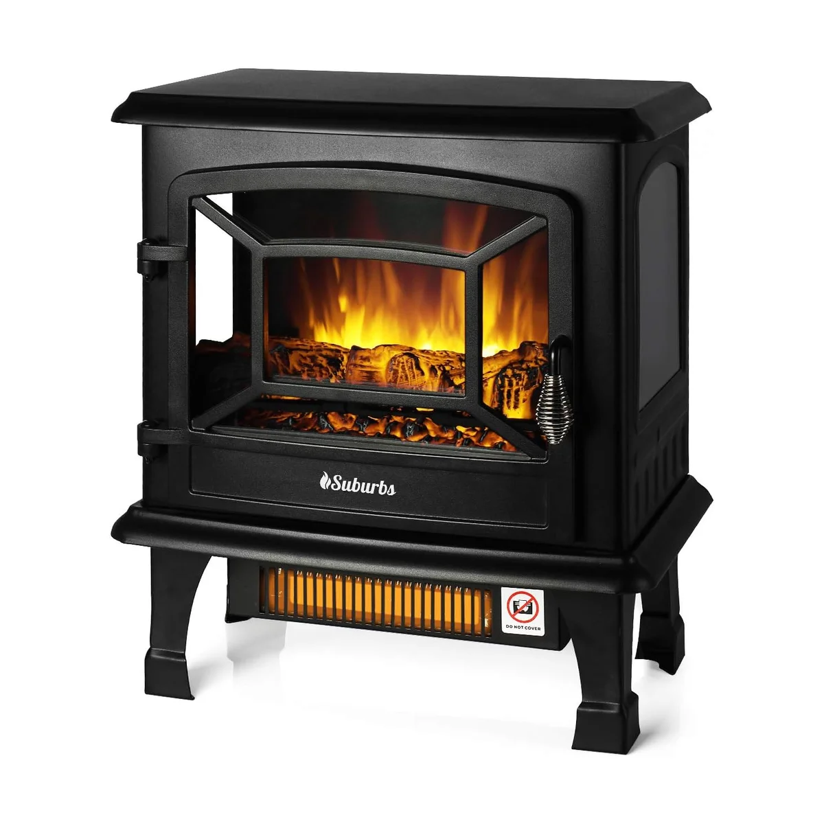 TURBRO Suburbs TS20 electric fireplace stove, black freestanding heater shown at a 3/4 angle with glowing flame effect and infrared heating element