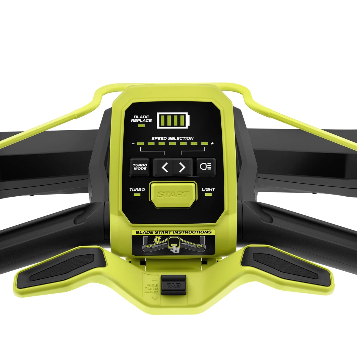 Ryobi 40V HP CrossCut Cut Command Center control panel close-up showing speed, turbo, and light controls