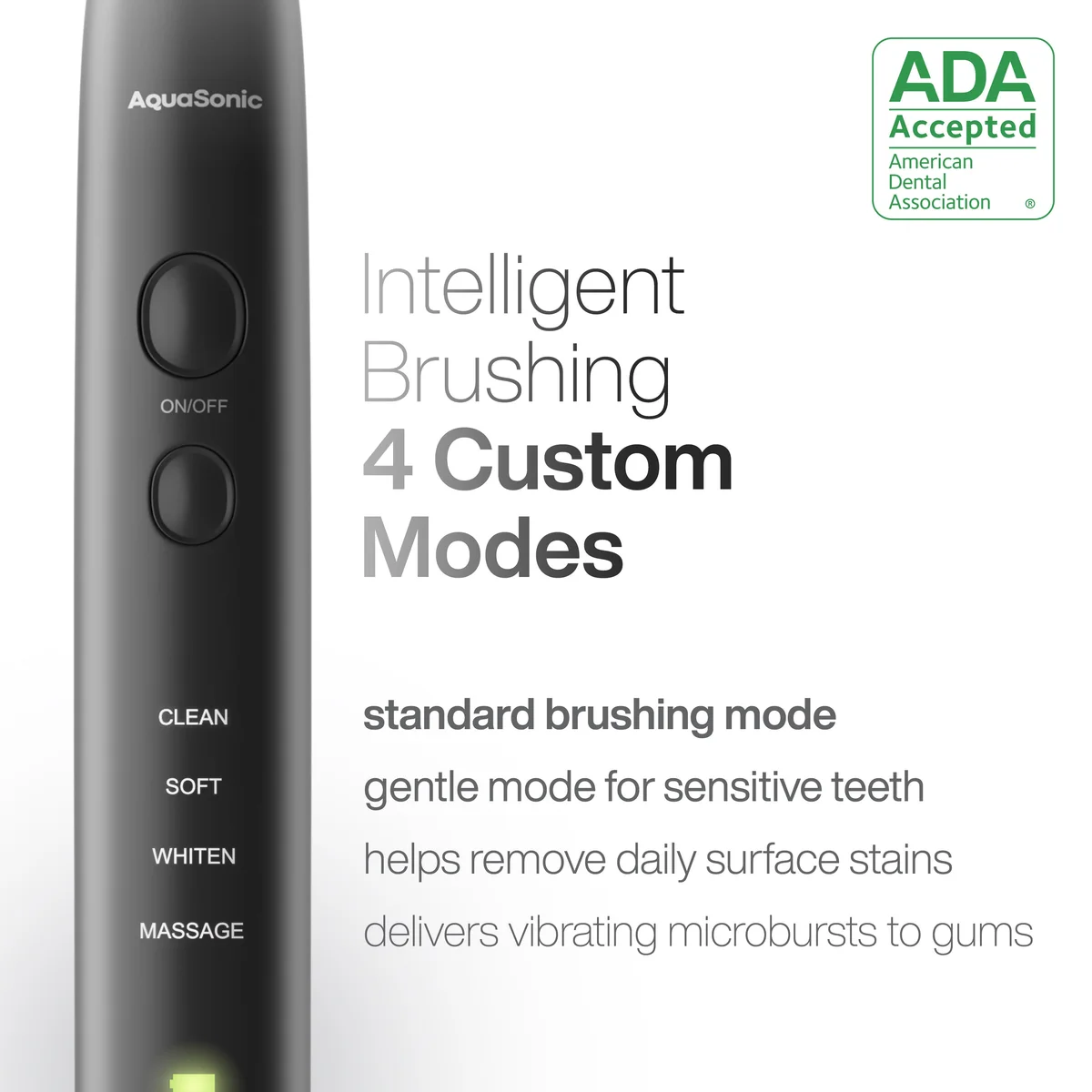 Aquasonic Black Series handle close-up showing ON/OFF button and four brushing mode labels