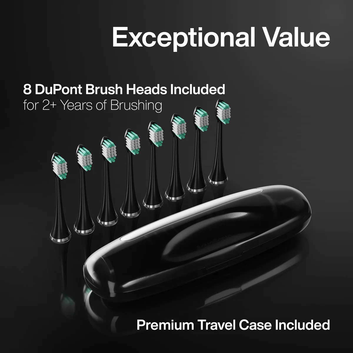 Aquasonic Black Series 8 DuPont brush heads and travel case on dark background