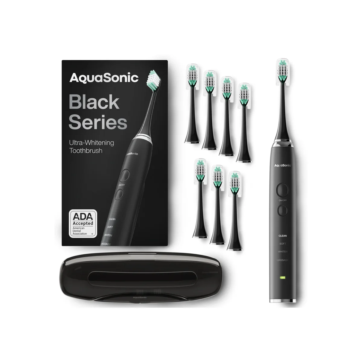 Aquasonic Black Series toothbrush with 8 brush heads and travel case on white background