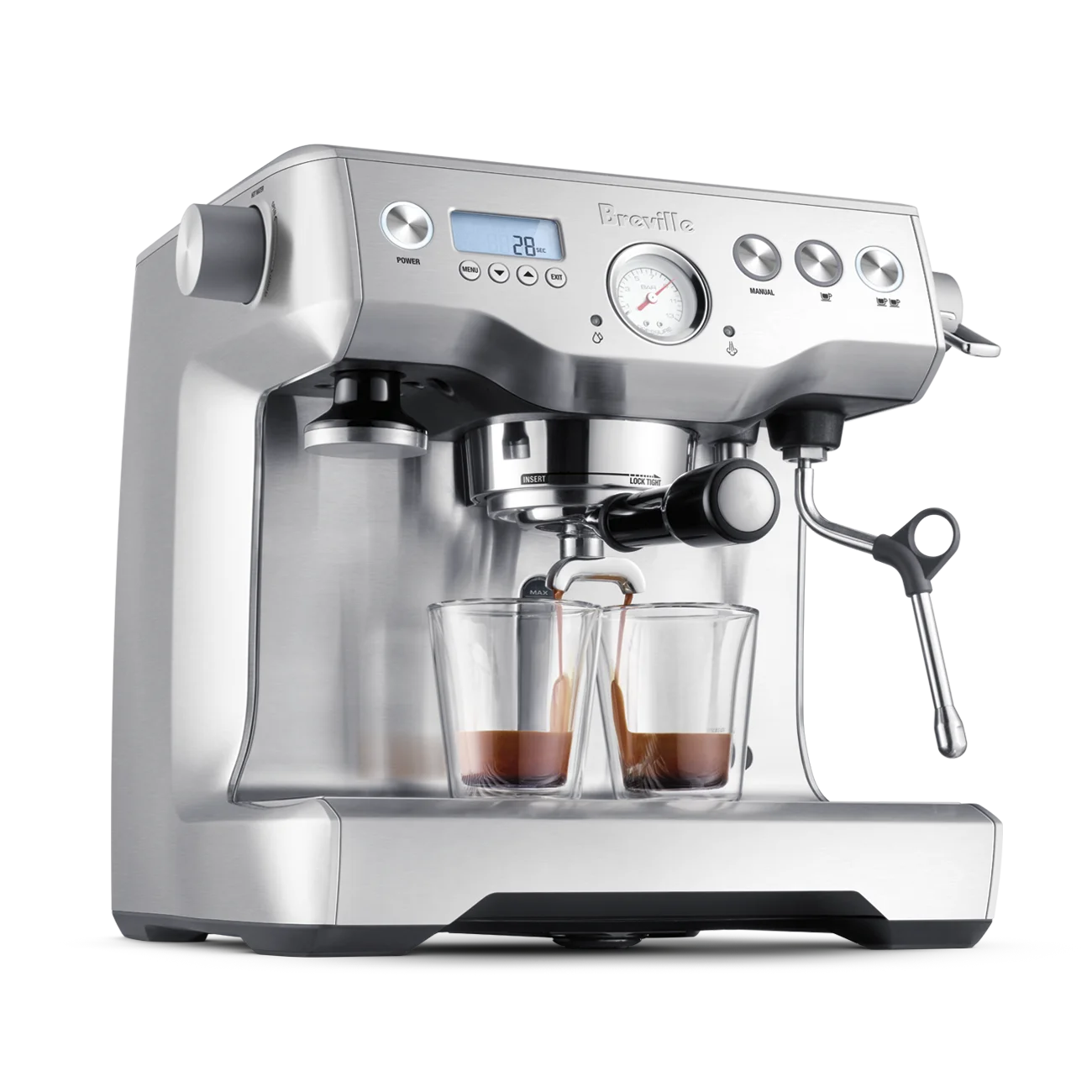 Breville Dual Boiler pulling double espresso shots from 3/4 angle