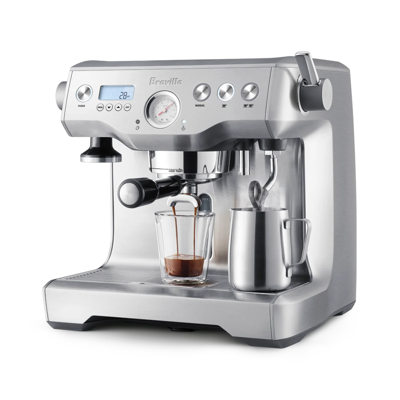 Breville Dual Boiler profile view simultaneously brewing espresso and steaming milk