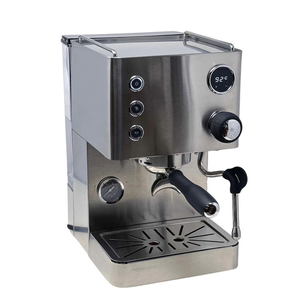 Turin Legato V2 3/4 side angle showing brushed stainless steel body and steam wand