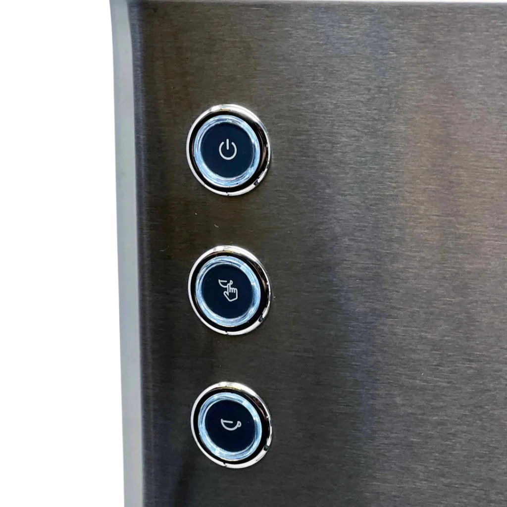 Turin Legato V2 control buttons close-up: power, steam, and brew