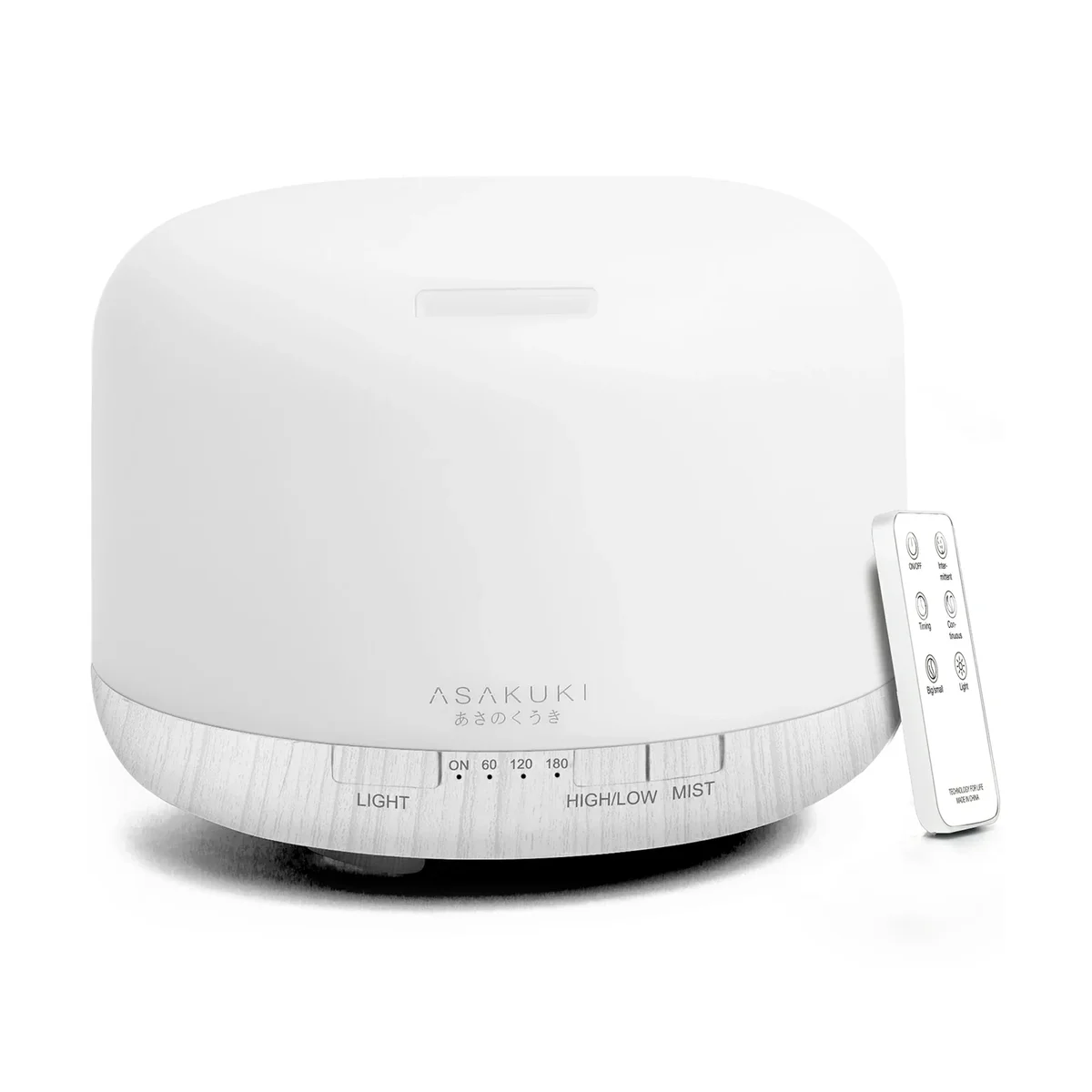 ASAKUKI 500ml diffuser in White Wood from a slightly higher angle, showing the mist outlet slot on top, the wood-grain base and the remote control