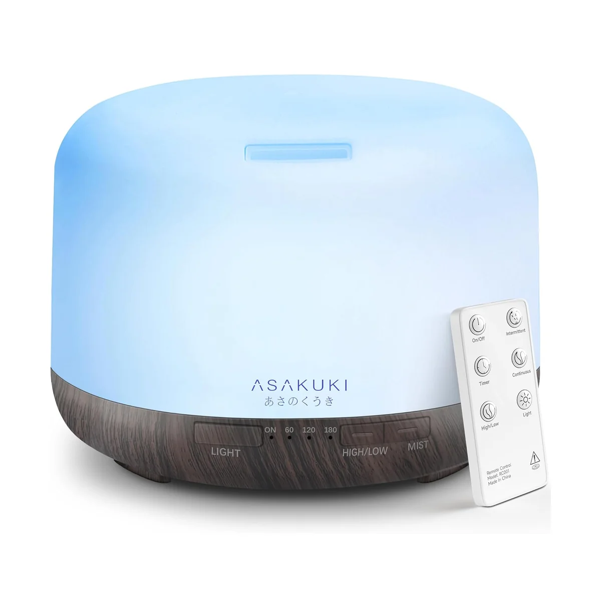 ASAKUKI 500ml diffuser in the Dark Wood finish with its LED light glowing blue through the frosted dome, remote control alongside