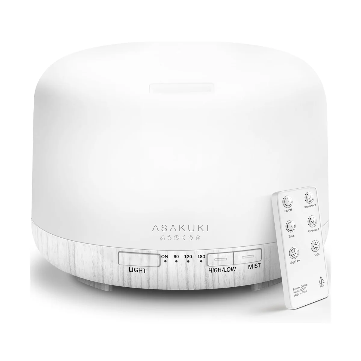 ASAKUKI 500ml Essential Oil Diffuser in White Wood, front view showing the frosted white dome and the LIGHT, timer, HIGH/LOW and MIST buttons, with its remote control alongside
