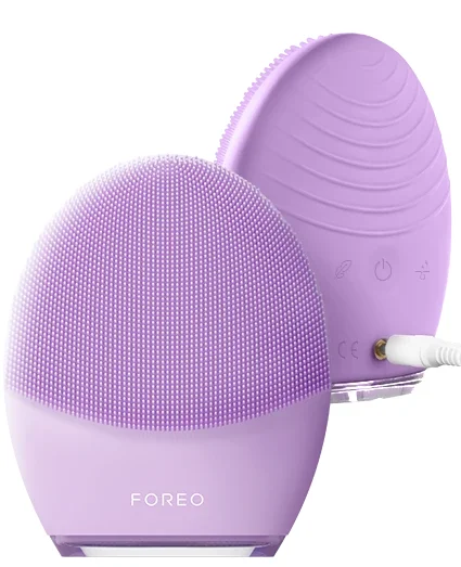 FOREO LUNA 4 facial cleansing device front and back view showing silicone touchpoints and USB charger