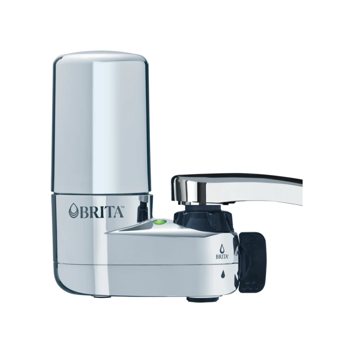 Brita Basic Faucet Mount Water Filter System chrome model, 3/4 front angle view on white background
