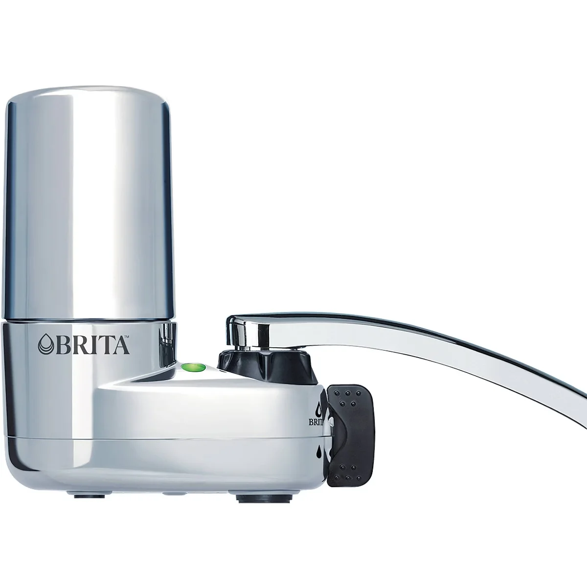 Brita Basic Faucet Mount Water Filter System chrome model, front view showing filter indicator light and flow selector