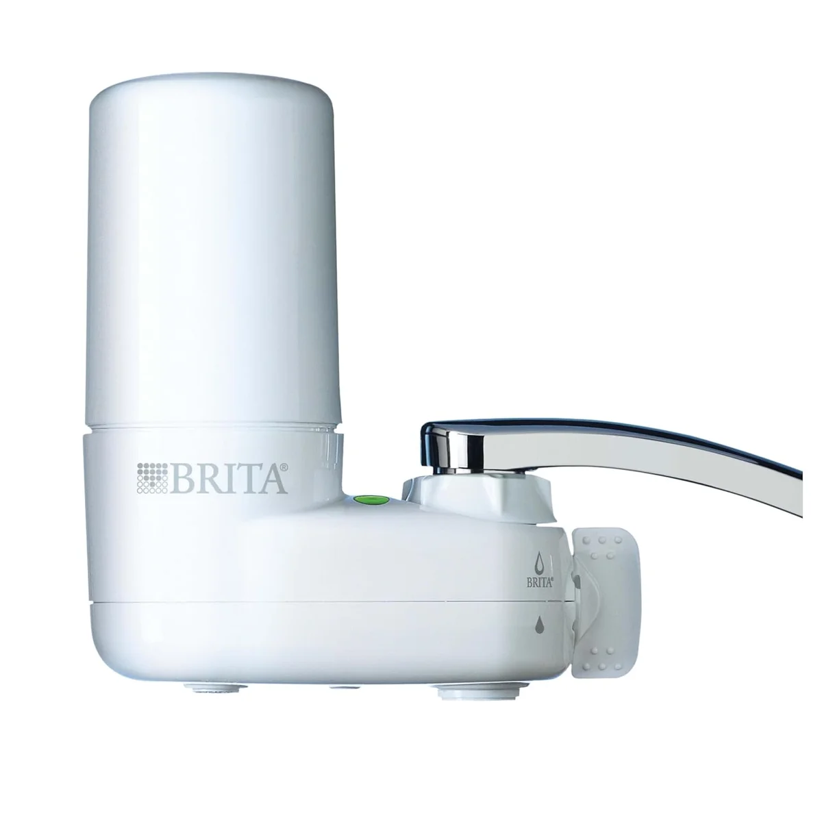 Brita Basic Faucet Mount Water Filter System white model attached to kitchen faucet, 3/4 angle view