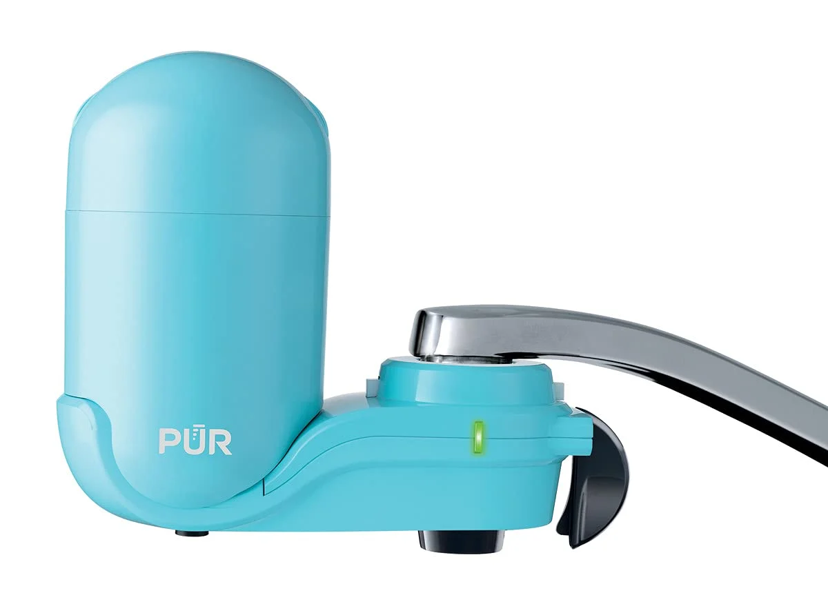 PUR Plus faucet filter attached to kitchen faucet, side angle view