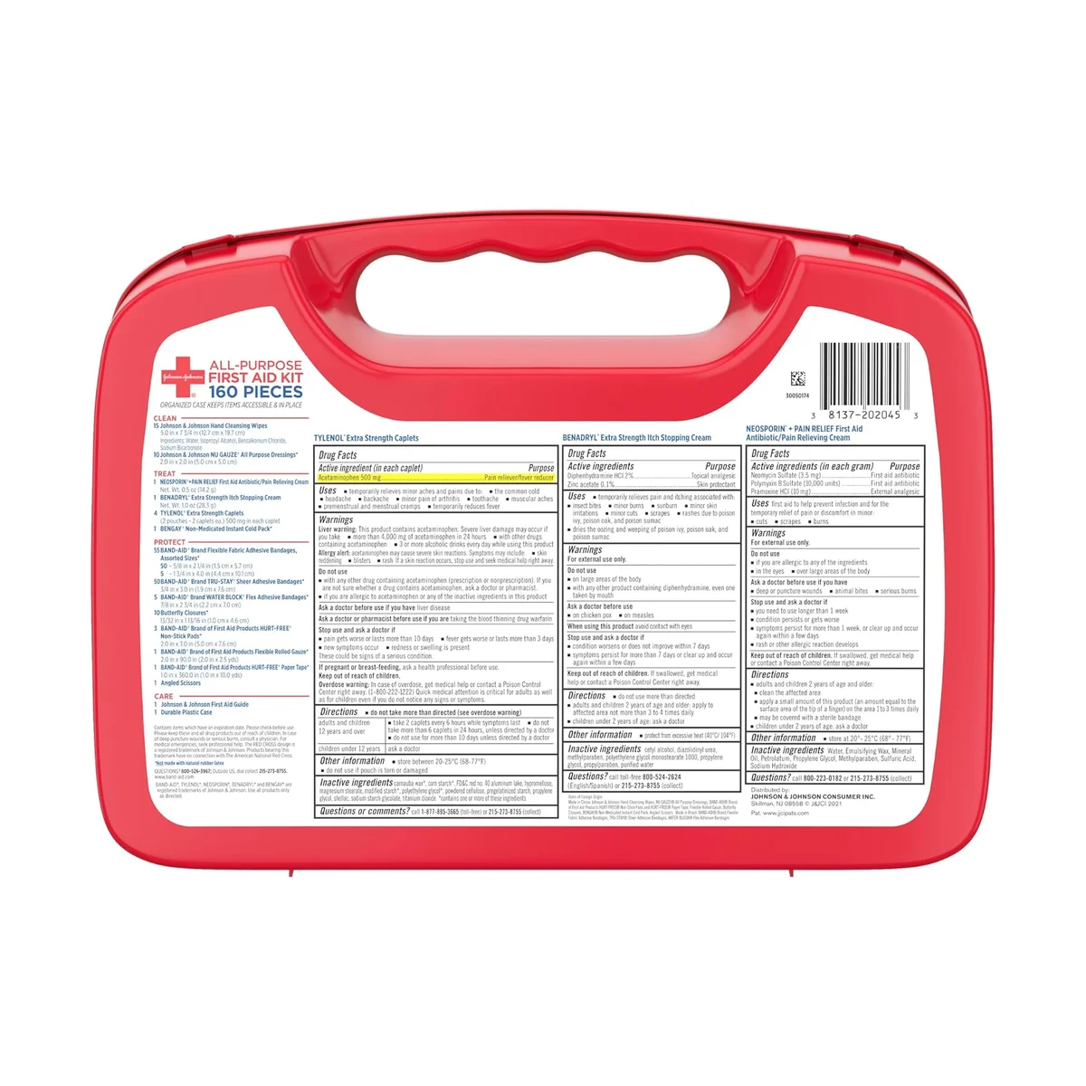 Johnson & Johnson All-Purpose First Aid Kit case back panel showing Drug Facts and contents list