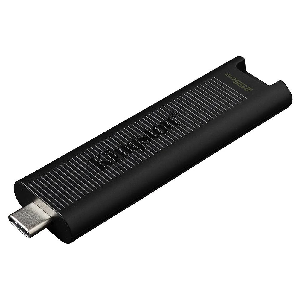Kingston DataTraveler Max USB-C flash drive angled view showing connector and ridged black body