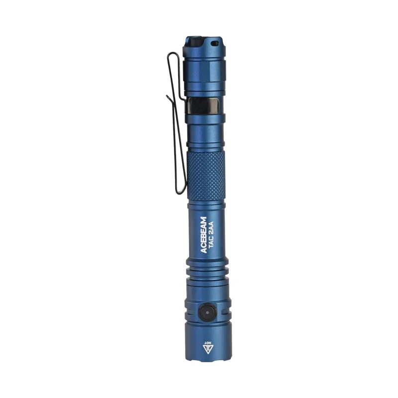 Acebeam TAC 2AA in blue, showing slim 2AA tube profile and pocket clip
