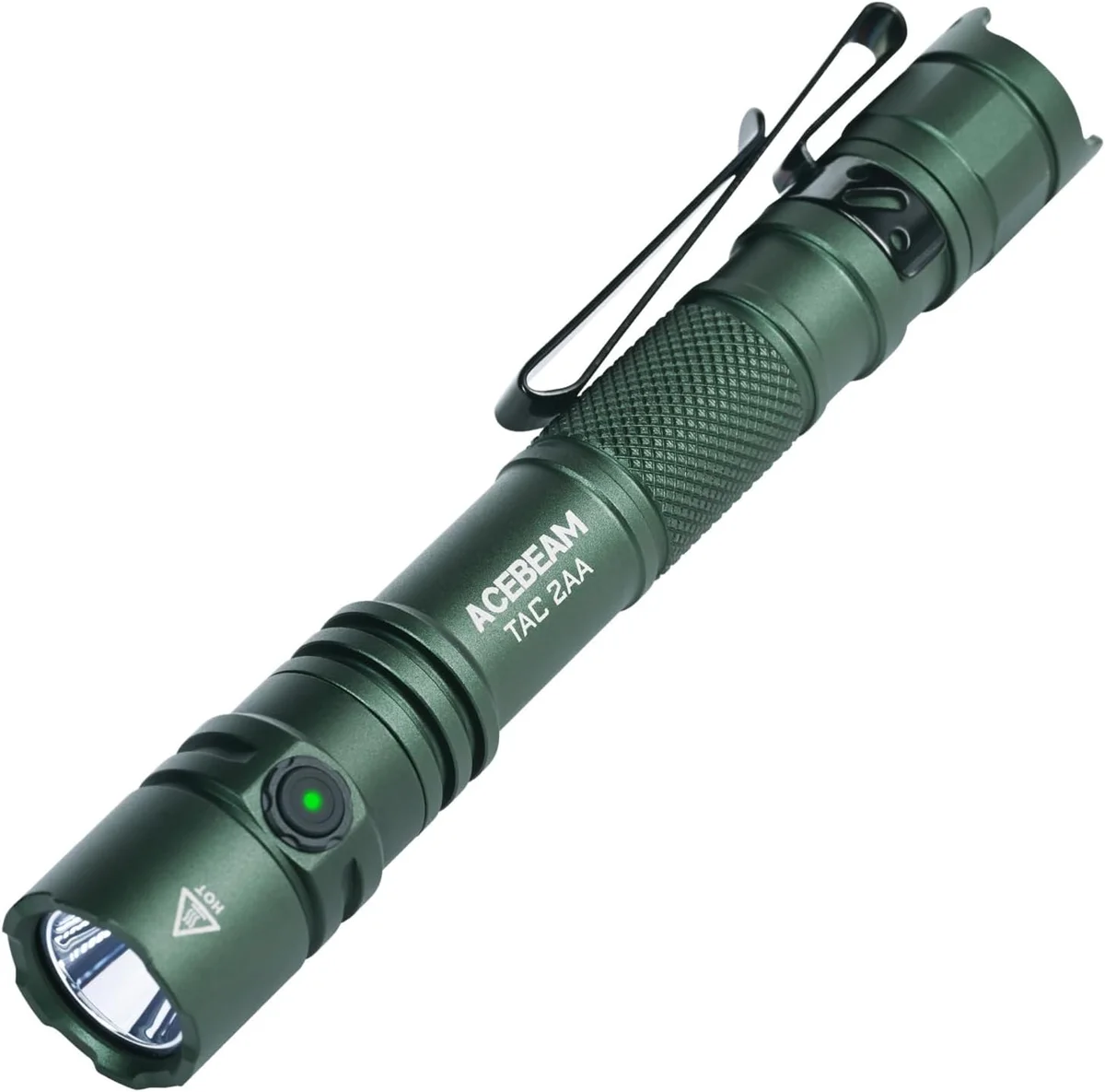 Acebeam TAC 2AA in green, diagonal angle showing side switch button and bezel