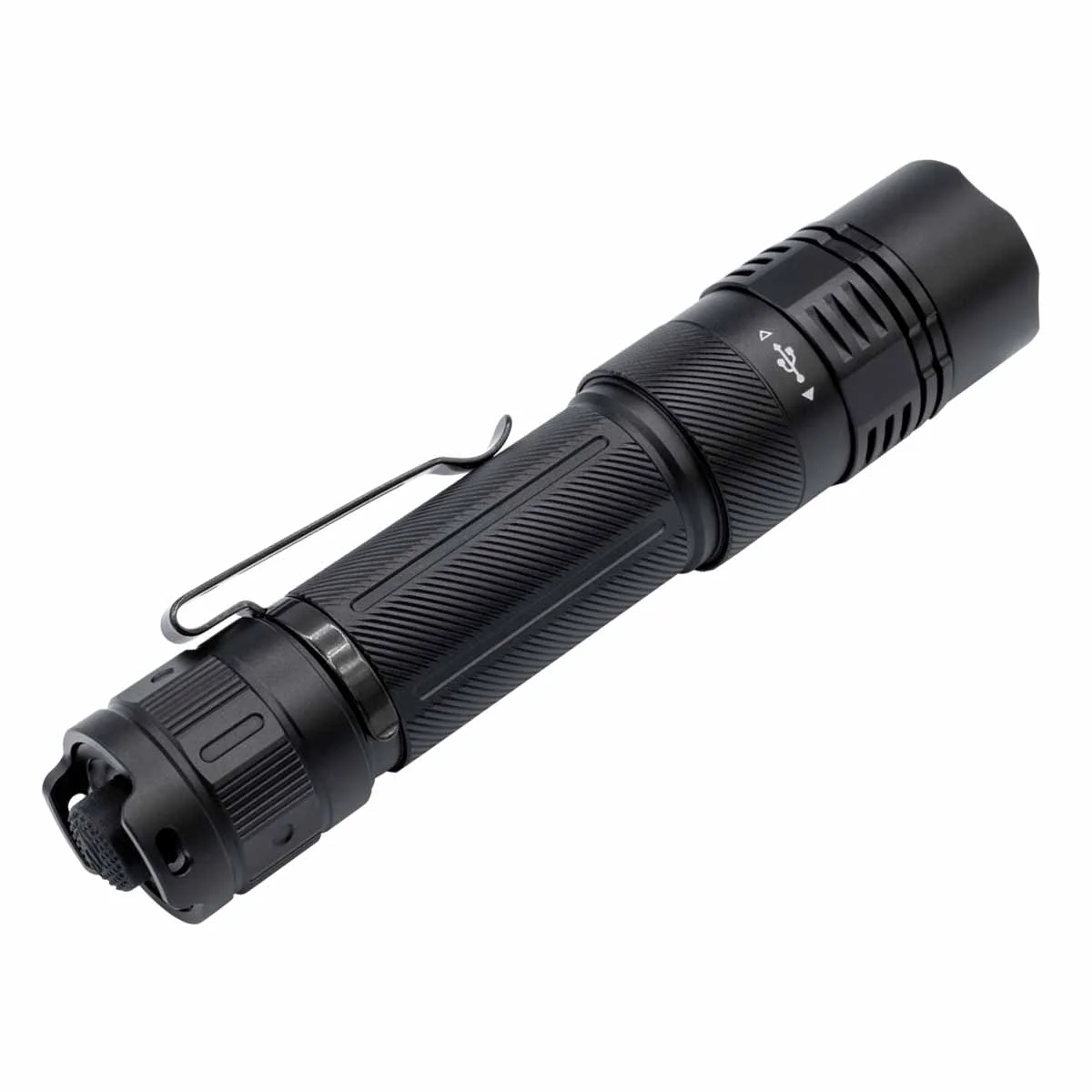 Fenix PD36R ACE flashlight tail-end view showing USB-C charging port and tactical tail switch