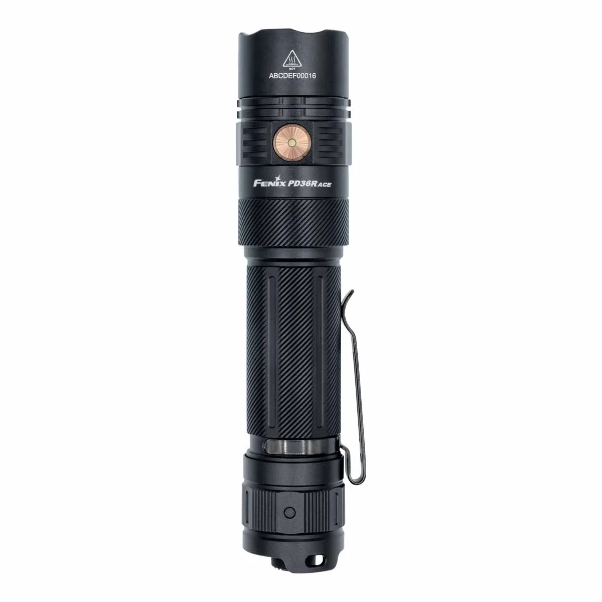 Fenix PD36R ACE flashlight upright front view showing head, side button, and textured body