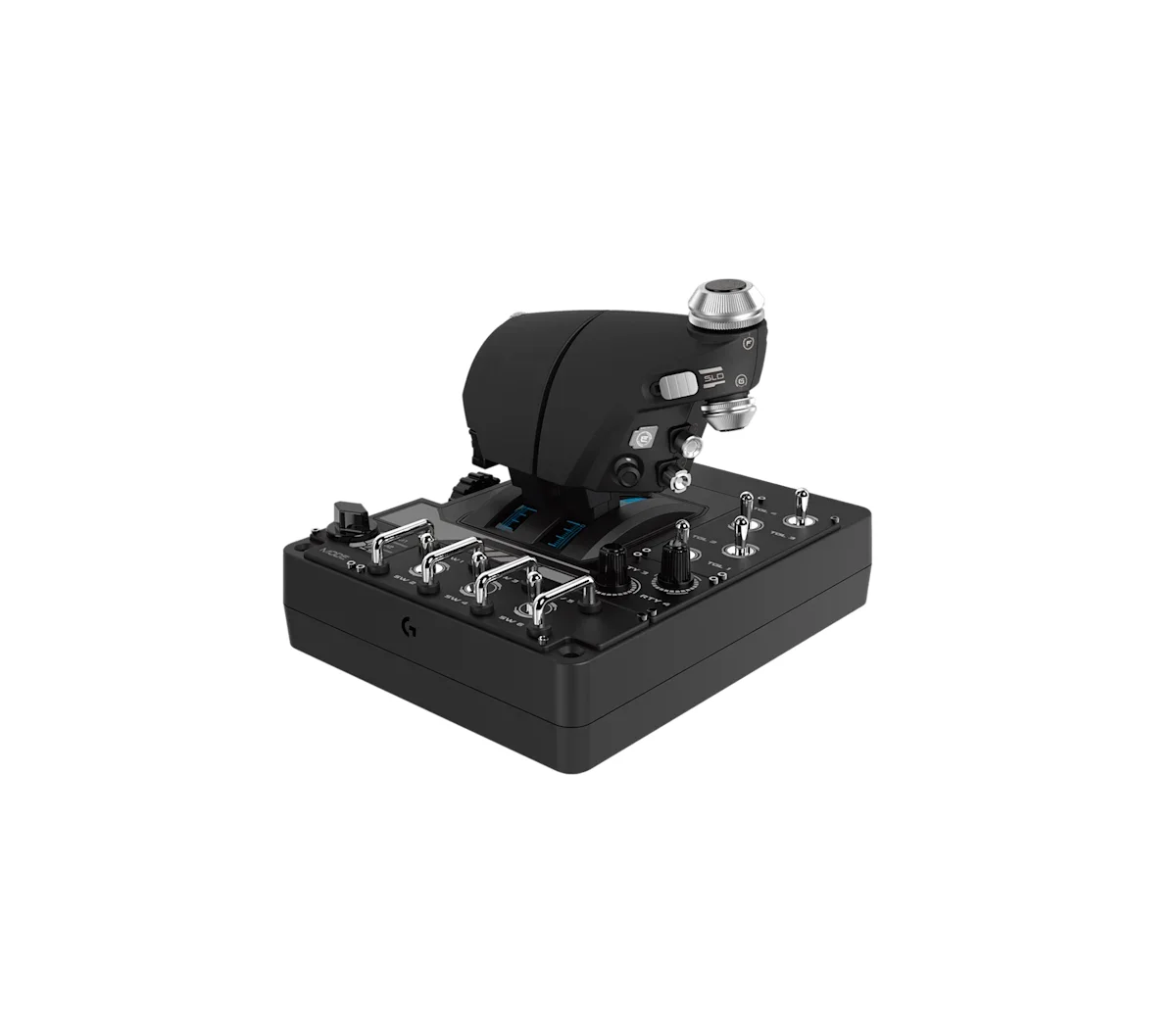 Logitech G X56 HOTAS throttle unit close-up showing twin throttles and toggle switches