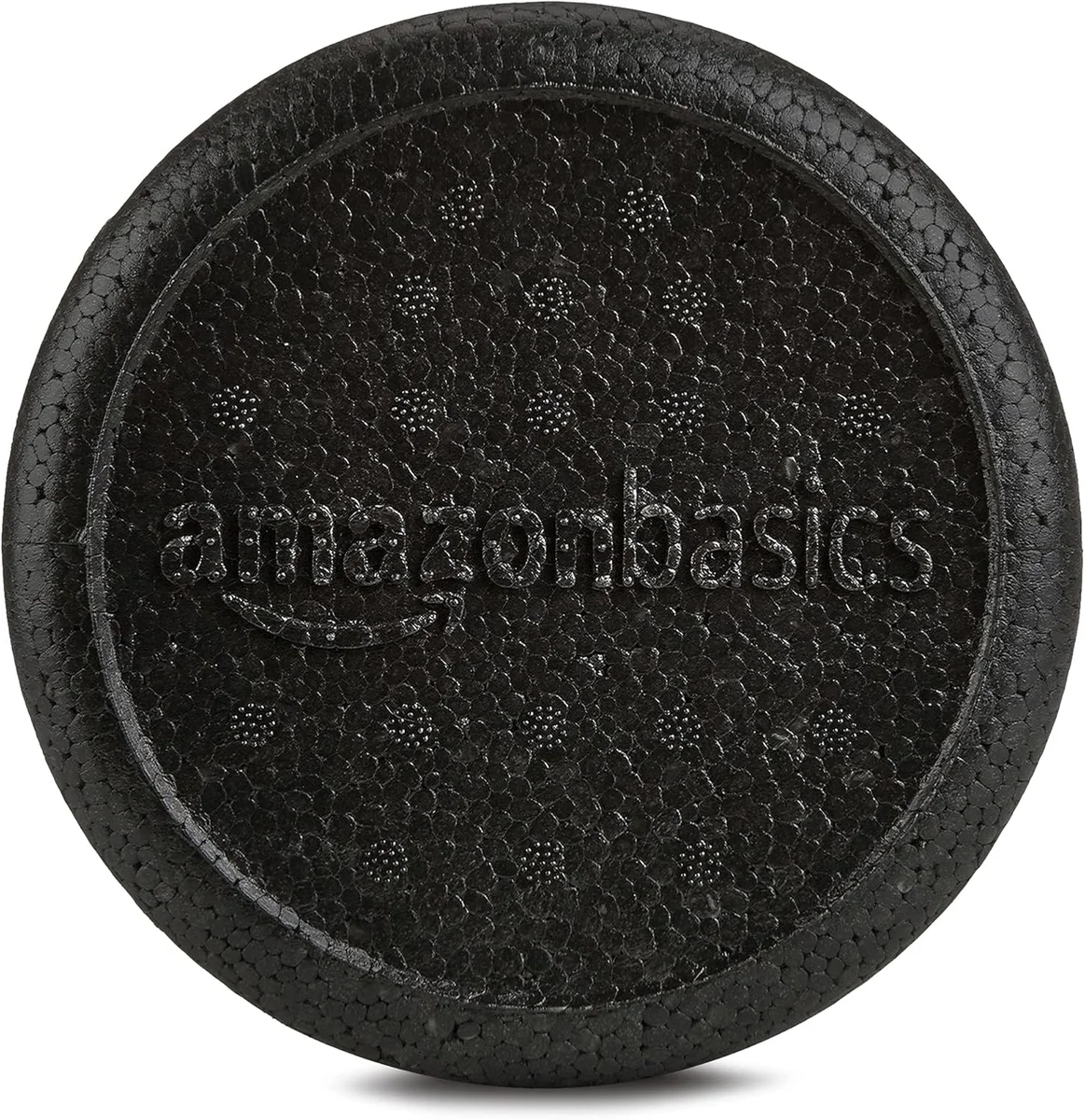 Close-up of the Amazon Basics foam roller end cap showing the embossed amazonbasics logo and molded foam texture