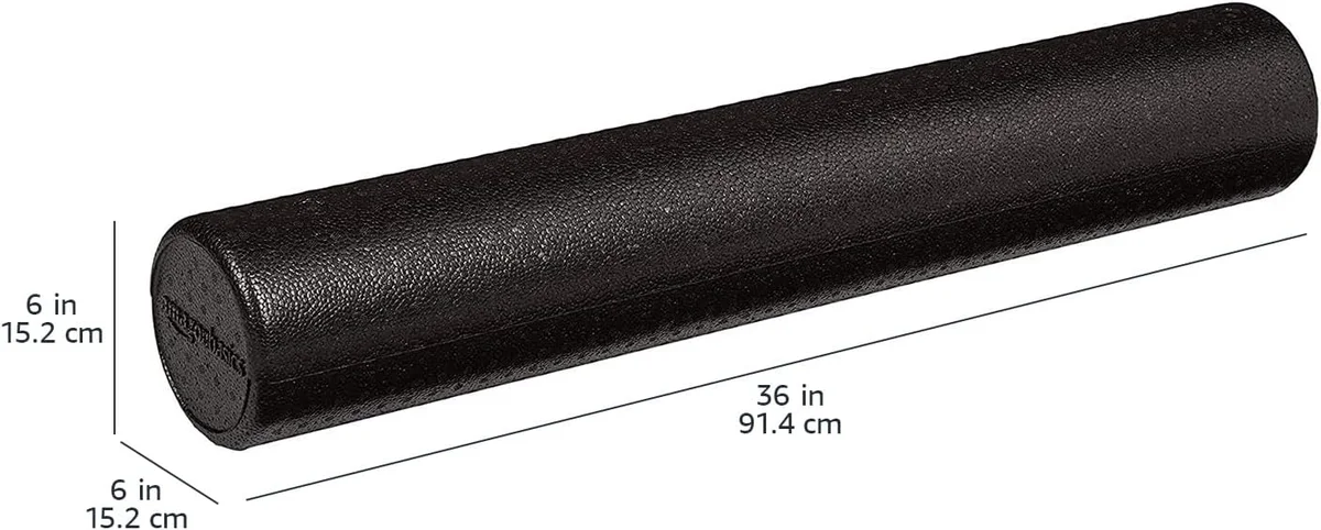 Amazon Basics 36-inch foam roller with dimension lines showing its 36-inch length and 6-inch diameter