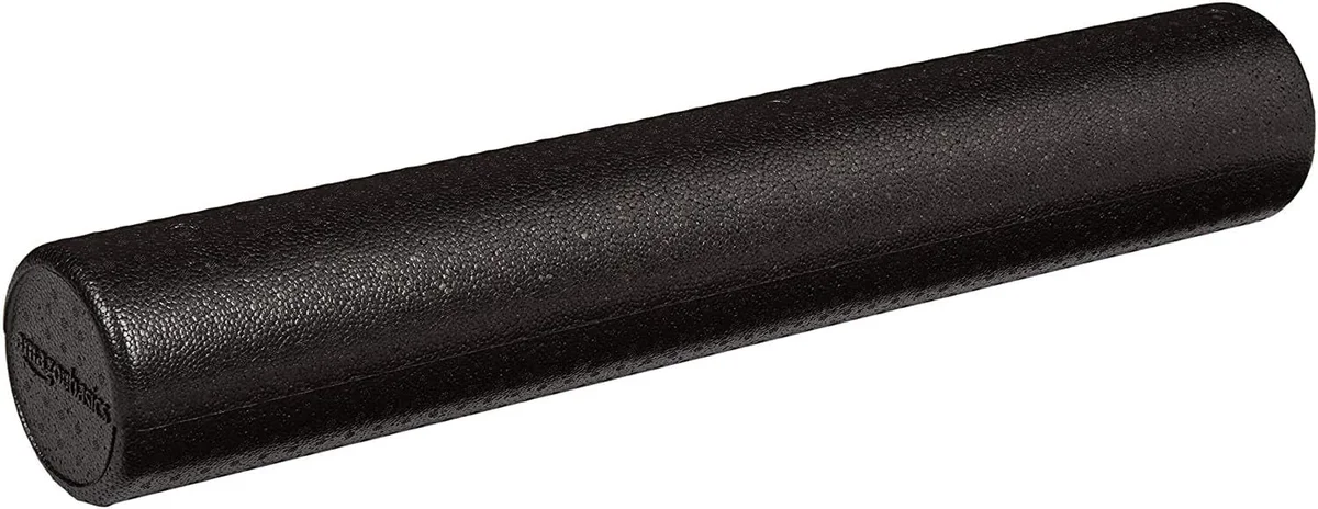 Amazon Basics High-Density 36-inch foam roller shown at an angle on a white background