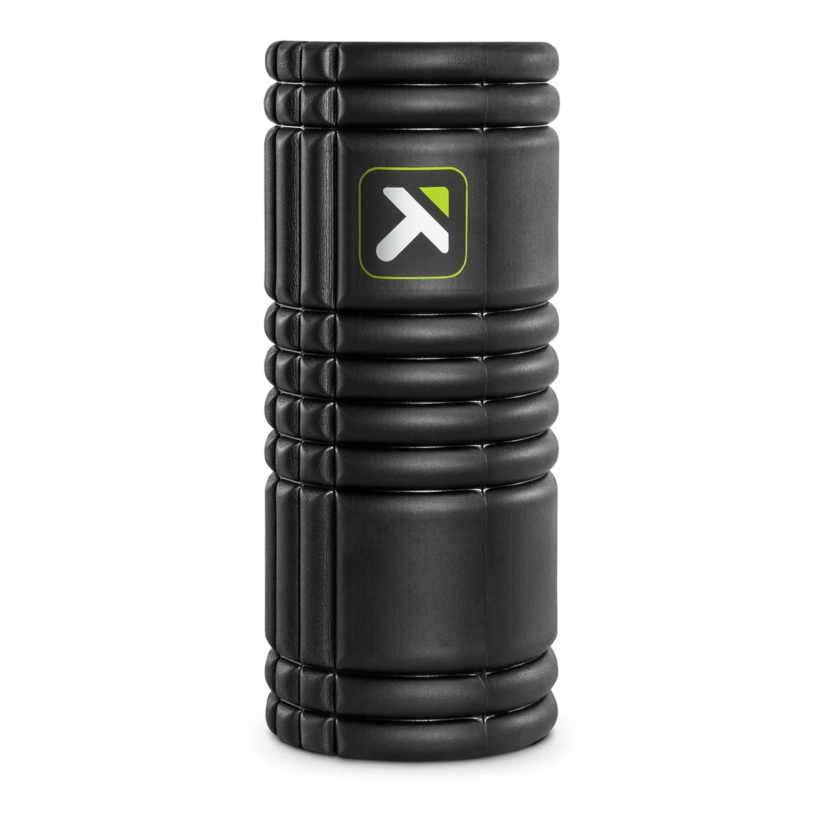 TriggerPoint GRID 1.0 foam roller in black, front three-quarter view showing the multi-density GRID surface pattern