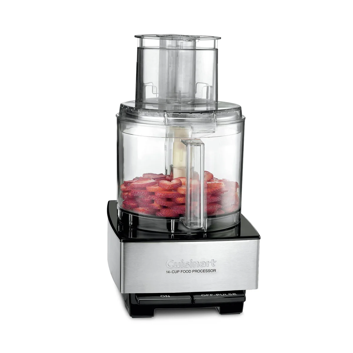 Cuisinart Custom 14-Cup Food Processor in brushed stainless with sliced strawberries in the work bowl