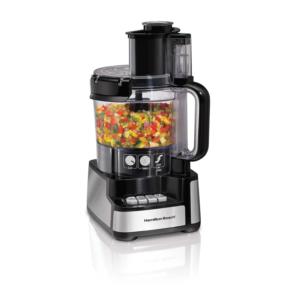 Hamilton Beach Stack & Snap 12-Cup Food Processor front 3/4 view with bowl full of diced vegetables