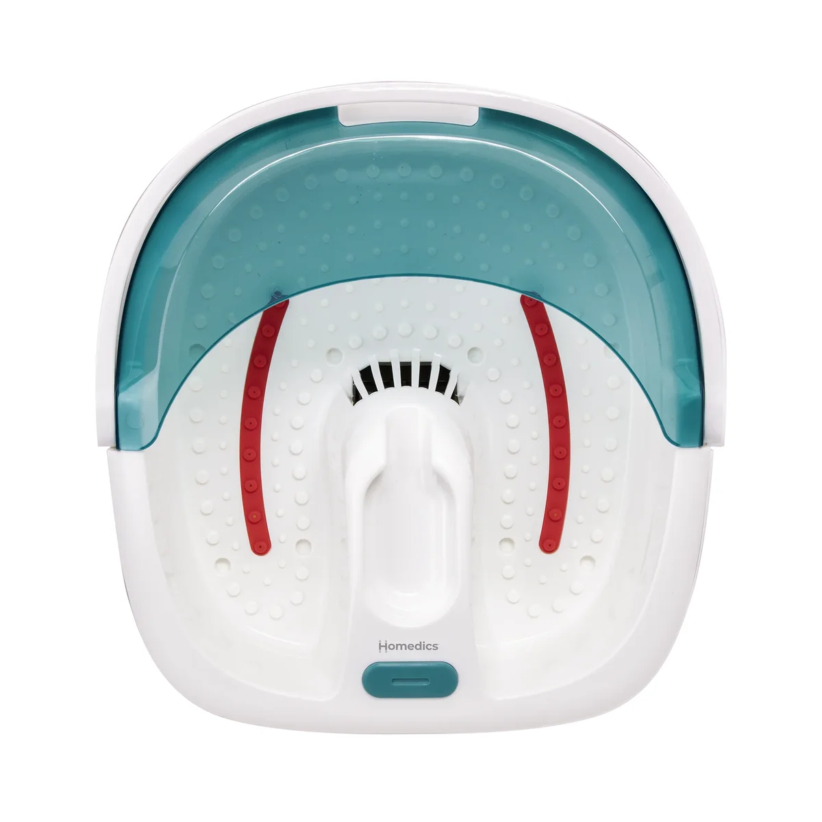 HoMedics Bubble Spa Elite Footbath top-down view of the empty basin, showing the massage nodes, center bubble vent and toe-touch control