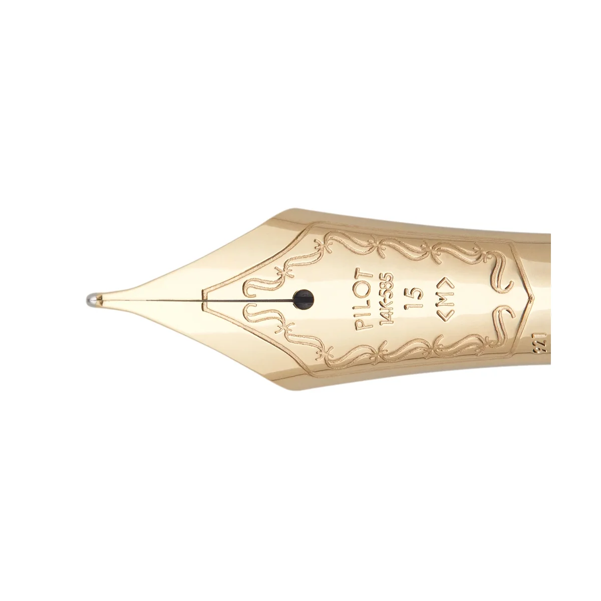 Close-up of the Pilot Custom 823 engraved 14k gold medium nib