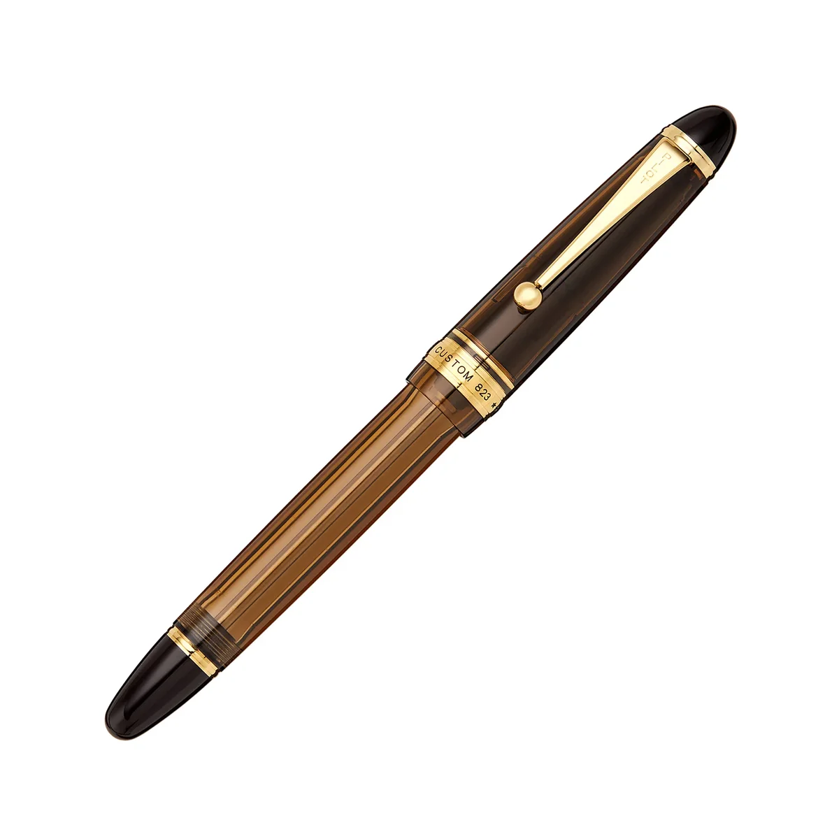 Pilot Custom 823 fountain pen in amber demonstrator finish, capped, showing the translucent amber barrel and gold trim
