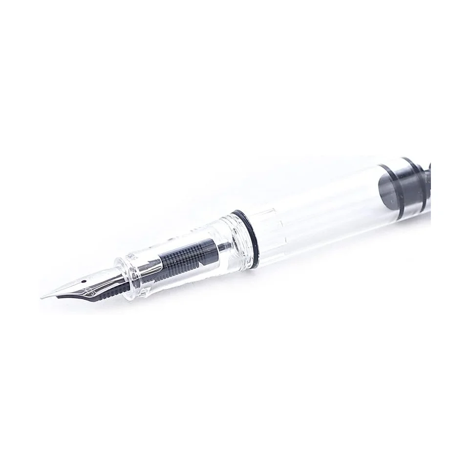 Close-up of the TWSBI Eco steel nib and clear grip section