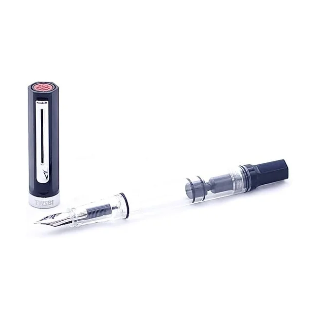 TWSBI Eco fountain pen uncapped, showing the steel nib, clear demonstrator barrel, and faceted black piston knob