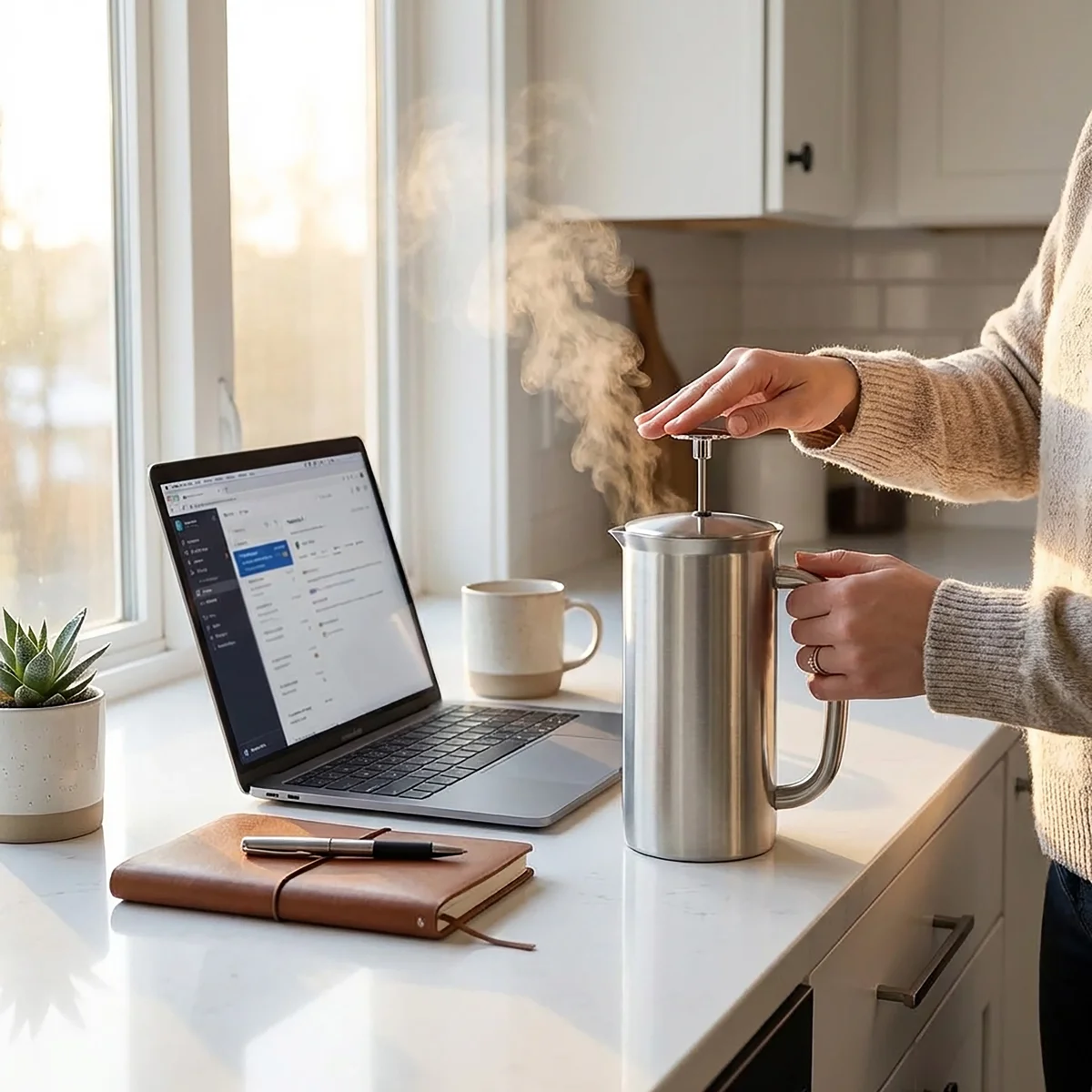 Espro P7 stainless steel French press being pressed by hand on a kitchen counter