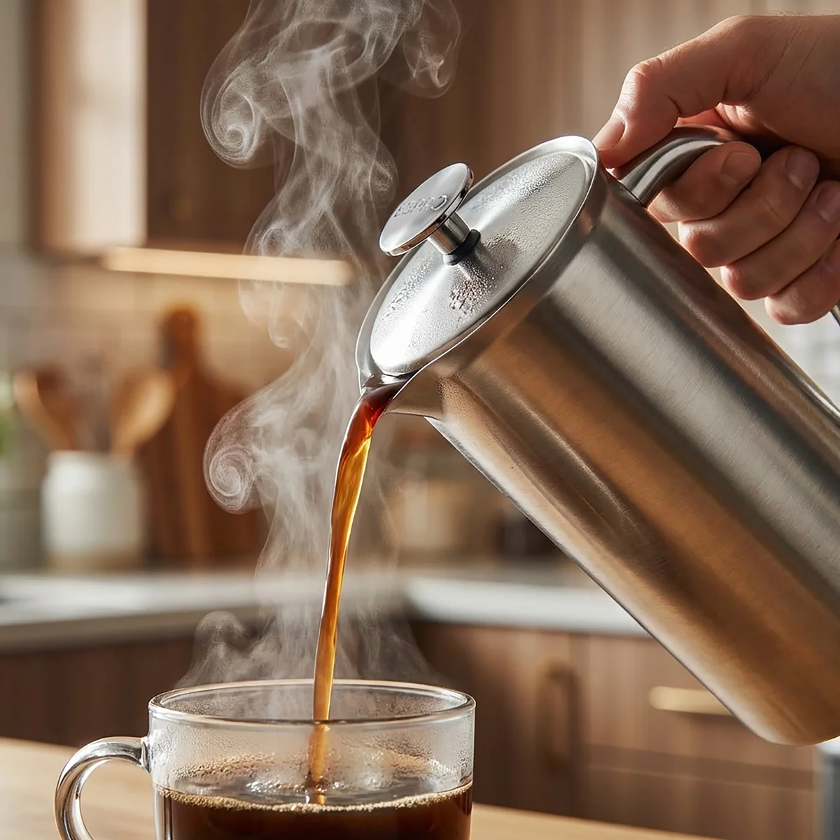 Espro P7 stainless steel French press pouring steaming coffee into a glass mug