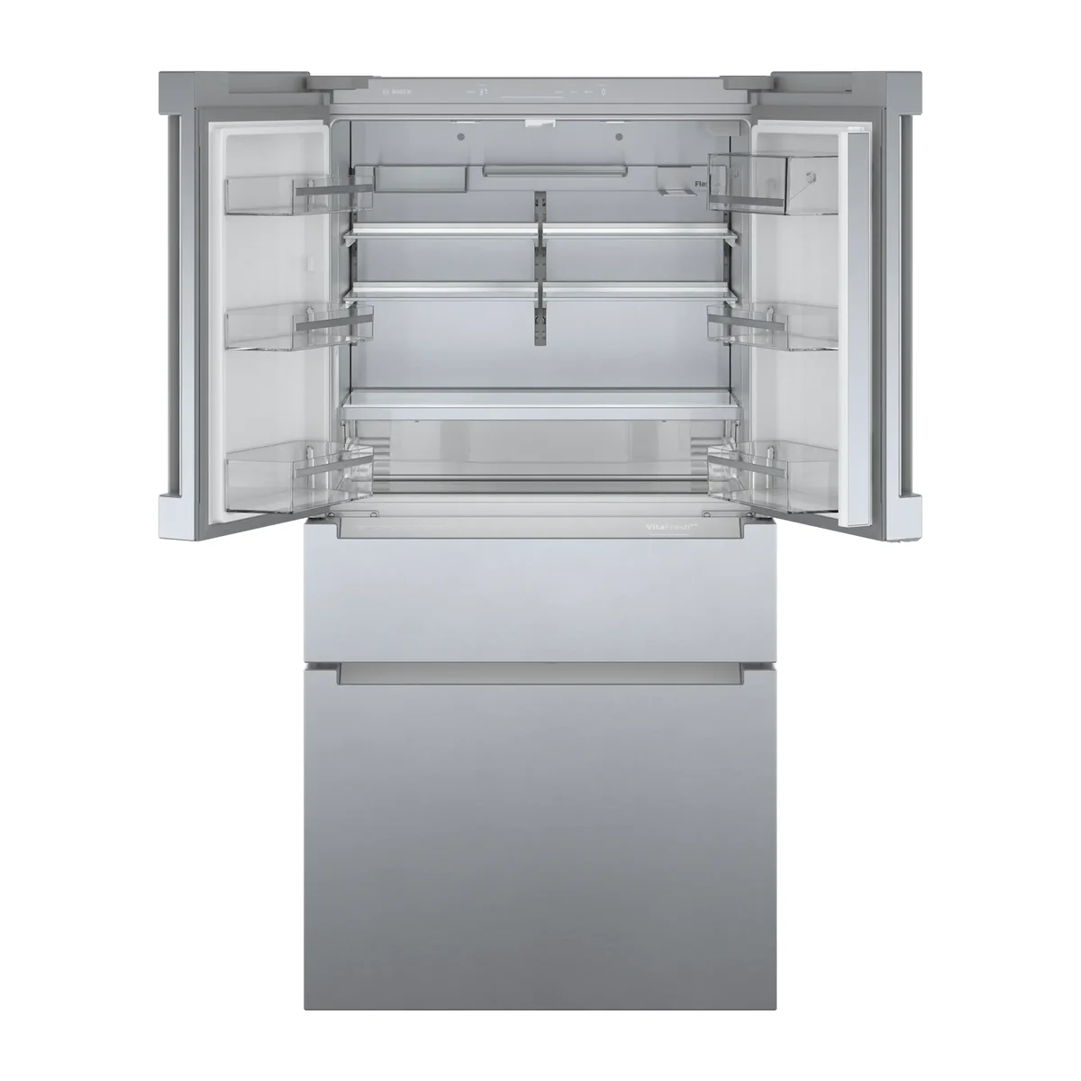 Bosch 800 Series refrigerator open interior showing empty shelves and FlexBar