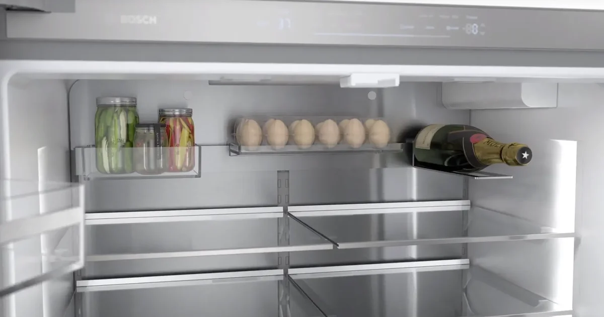 Bosch 800 Series refrigerator FlexBar close-up with egg tray, jar organizer, and bottle holder