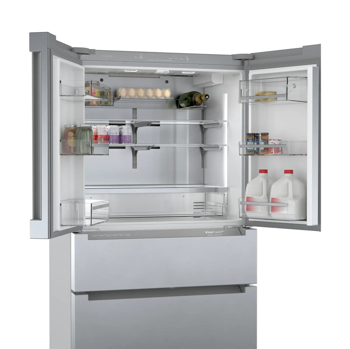 Bosch 800 Series refrigerator three-quarter view with doors open showing loaded interior and VitaFresh drawer