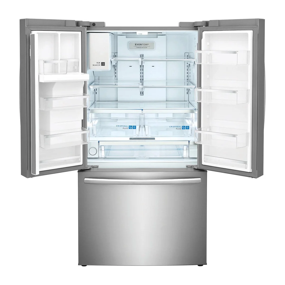Frigidaire Gallery GRFS2853AF interior with both doors open showing EvenTemp cooling, ice maker, and CrispSeal Plus crispers